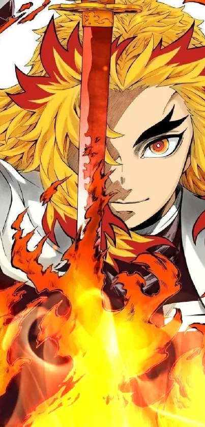 Anime warrior with flaming sword illustration, vivid colors.