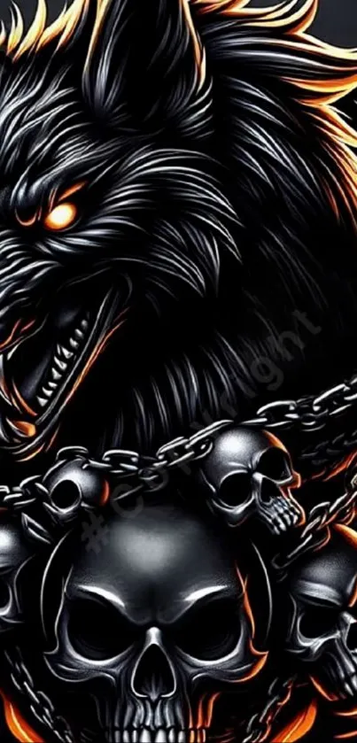 Fierce wolf with flaming skulls background art.