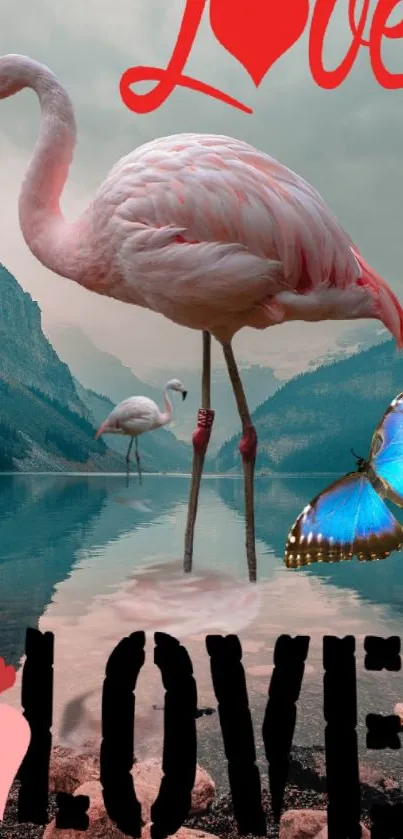 Flamingo and butterfly in a serene lakeside setting with love theme.