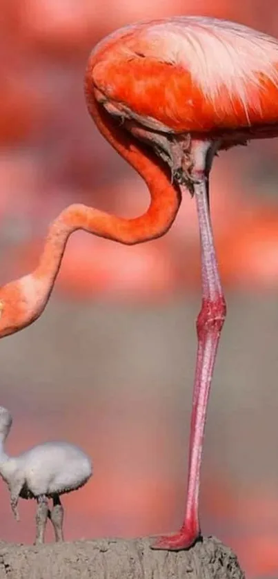 Flamingo nurturing its chick with an orange background.