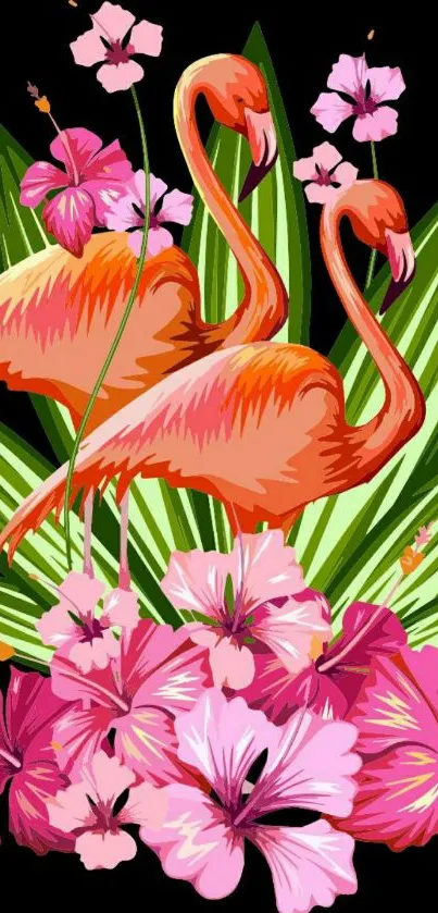 Colorful flamingos with pink hibiscus in vibrant artwork.