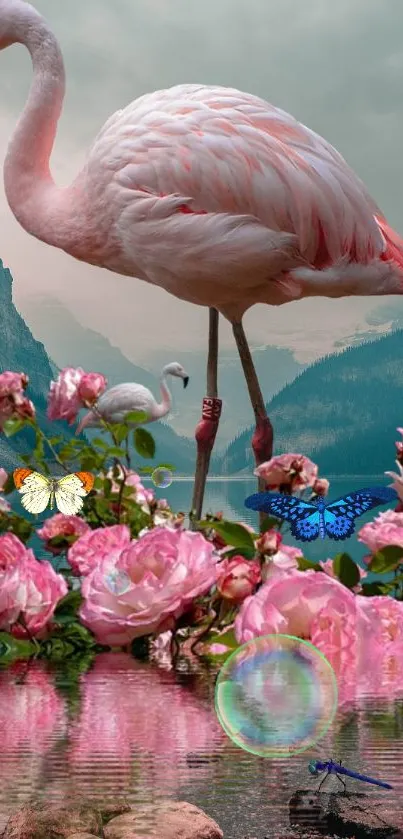 Flamingo with pink flowers against a mountain background.