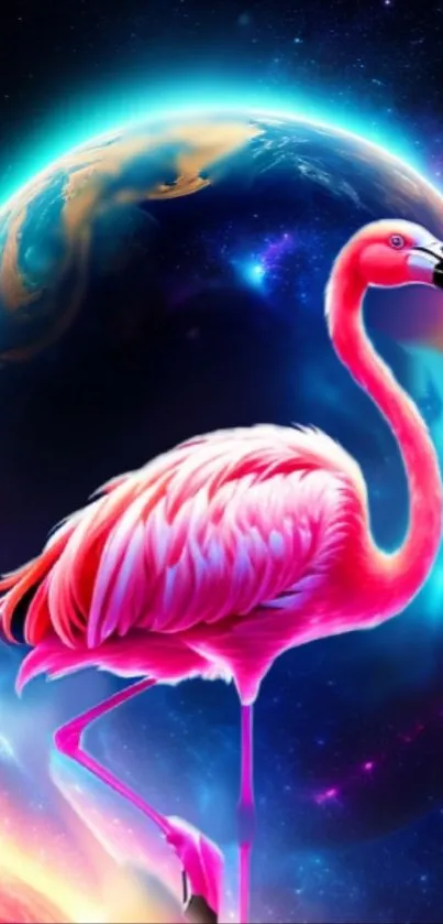 Vibrant wallpaper with flamingo and cosmic scene.