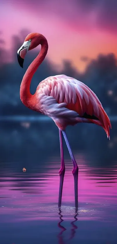 Elegant flamingo standing in serene sunset reflection.