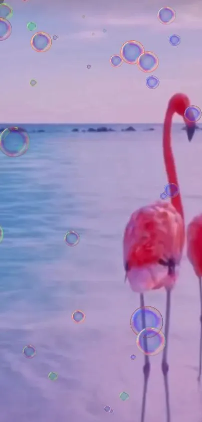 Two flamingos standing on a tropical beach with bubbles floating.