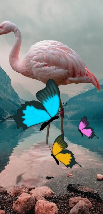 Flamingo and butterflies by a serene mountain lake, ideal for a mobile wallpaper.