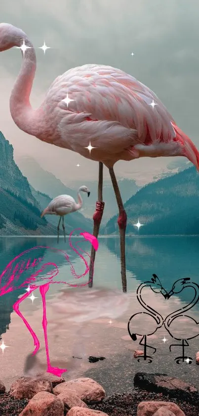 Surreal flamingo scene at tranquil lake with mountains in background.