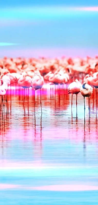 Flamingo flock standing in blue water under a bright sky.