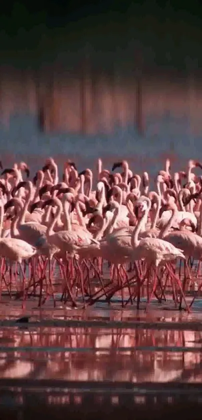 Flock of pink flamingos standing in shallow water, reflecting in the surface.