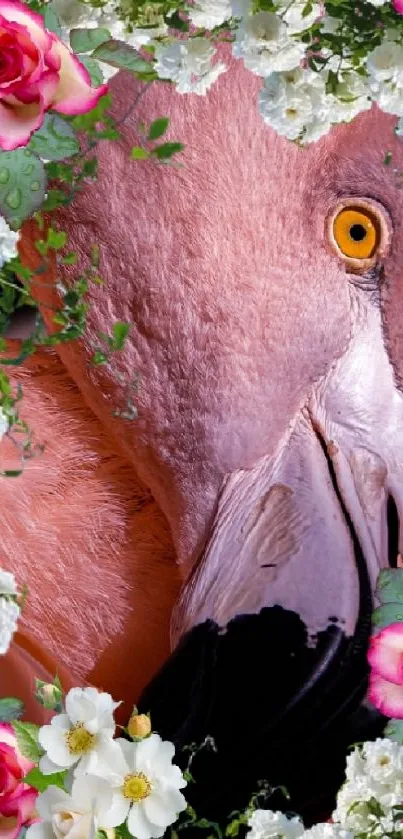 Mobile wallpaper featuring a flamingo among roses and greenery.