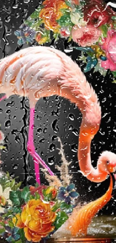 Artistic flamingo with vibrant floral accents on a black background.