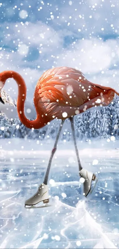Flamingo elegantly ice skating on a snowy landscape, blending fantasy and winter charm.
