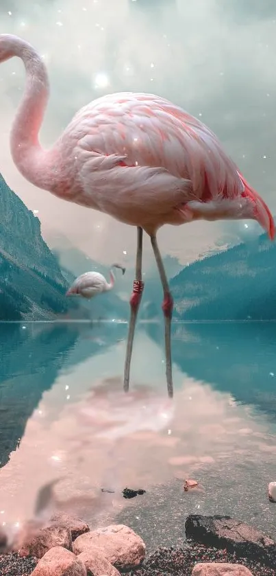 Flamingo standing in a serene mountain lake with rocky shore.