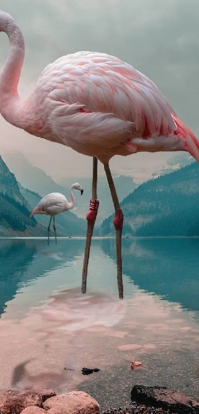 Flamingos standing in a serene mountain lake, reflecting in calm teal waters.