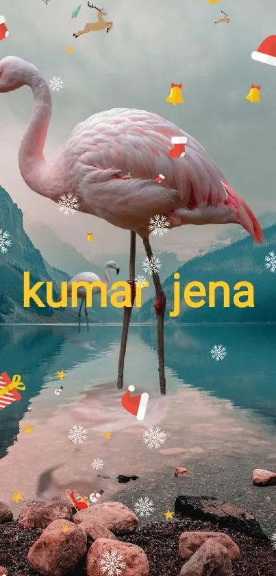 Pink flamingo standing in a tranquil lake with mountains in the background.