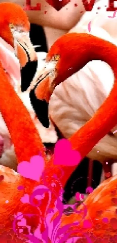 Flamingo love wallpaper with pink and orange hues creating a heart shape.