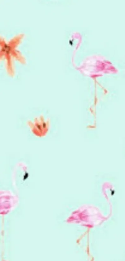 Pastel pink flamingos on mint green background with floral accents.