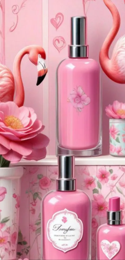 Pink aesthetic wallpaper with flamingos and floral decor.