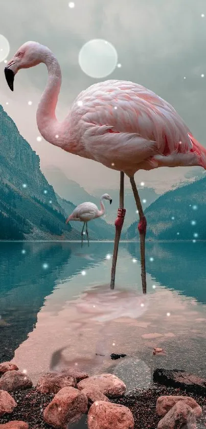 Elegant flamingo in misty mountain lake scene.