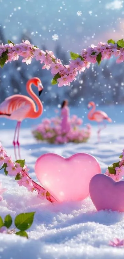 Heart-shaped flowers and flamingos in the snow.