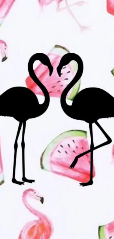 Black flamingos with watermelon on pastel background wallpaper.