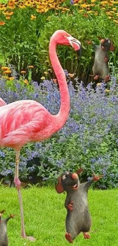 Vibrant garden with flamingos and animated rats.