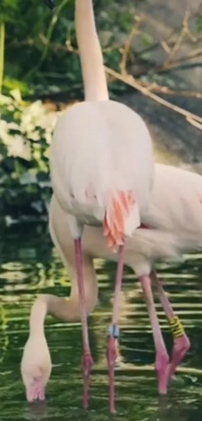 Elegant flamingos stand by the water's edge with lush greenery.