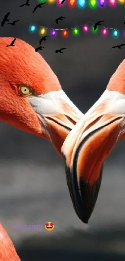 Two flamingos forming a heart under colorful lights.