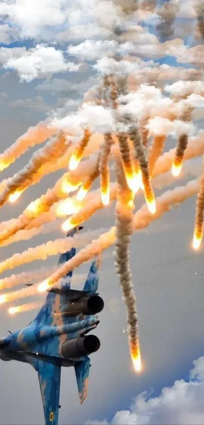 Fighter jet releasing flares in cloudy sky.