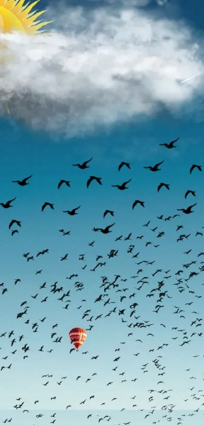 A sky filled with birds, a sun, and a hot air balloon over a serene landscape.