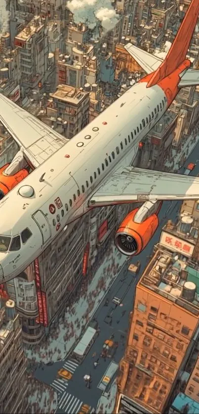 Illustrated airplane flying over a detailed cityscape.