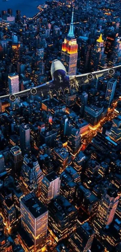 Airplane soaring above a vibrant, illuminated city at night.