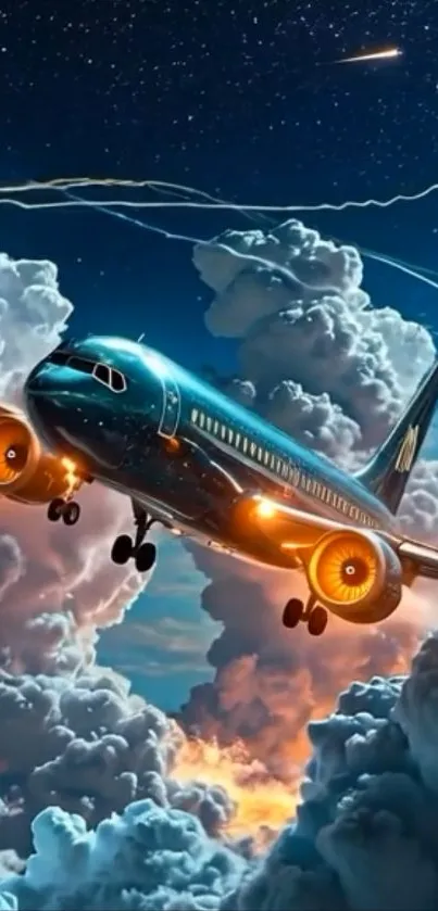 Jet flying through vibrant clouds at sunset.