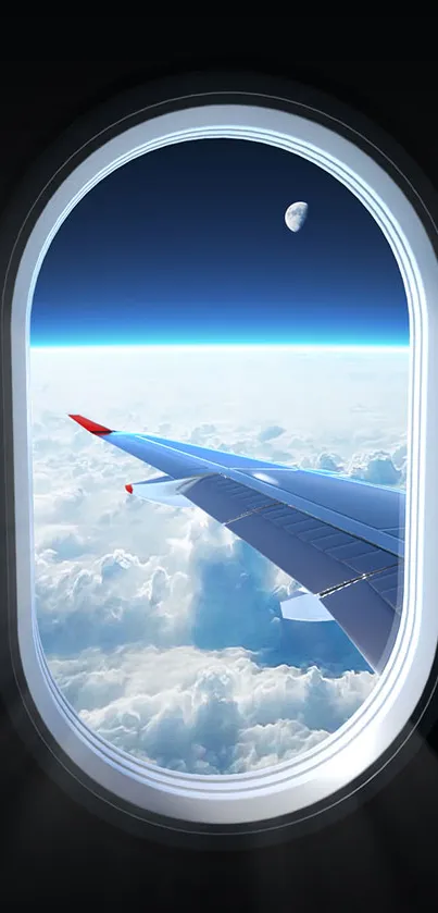 View of airplane wing and moon through window, surrounded by clouds and sky.