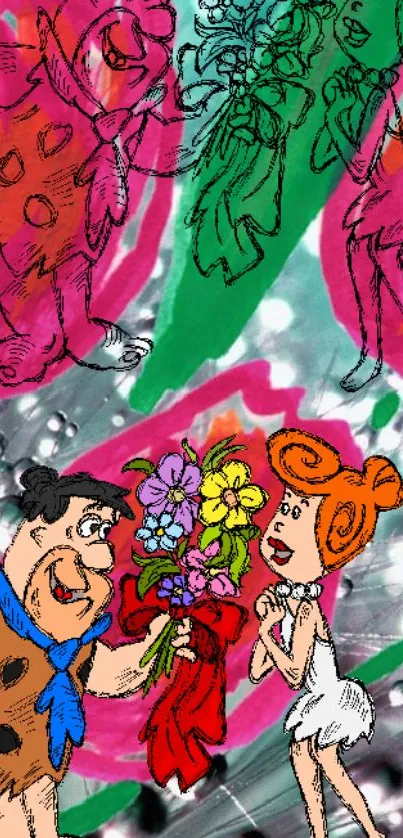 Flintstones characters with colorful floral background in vibrant design.