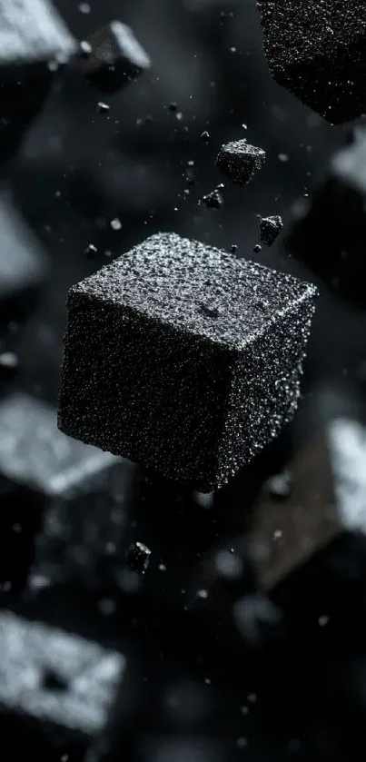 Floating black cubes with abstract design.