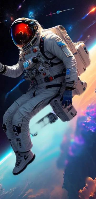 Astronaut floating in space with galaxy backdrop.