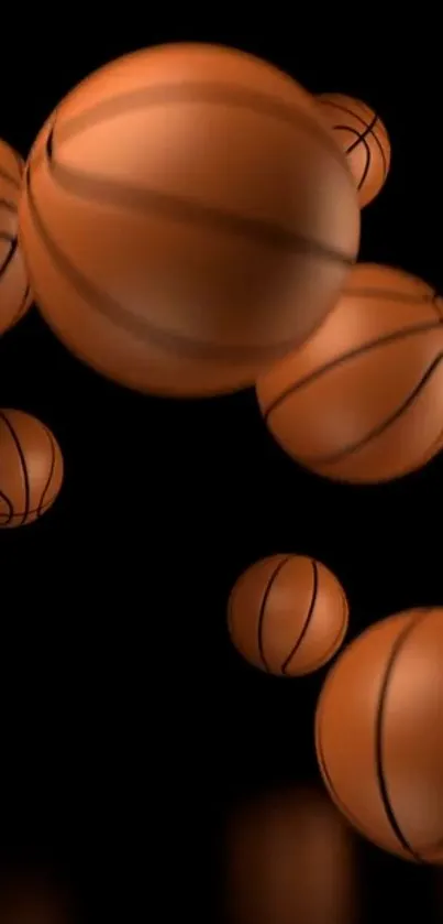 Dynamic orange basketballs floating on a black background.