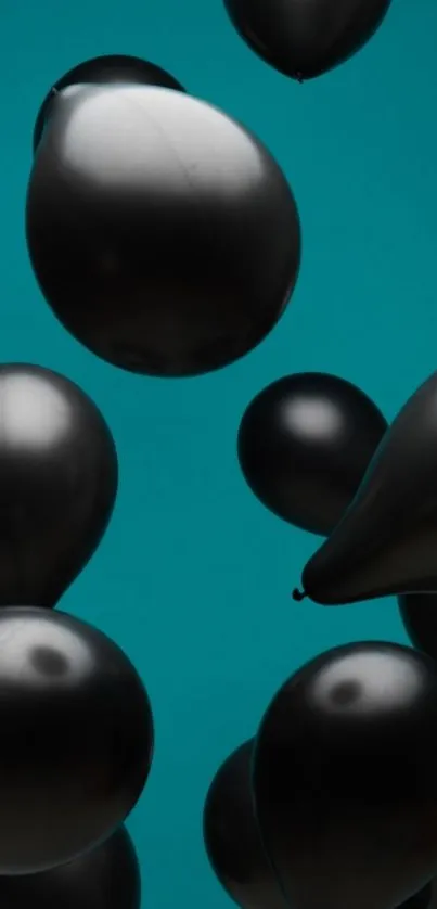 Floating black balloons on teal background mobile wallpaper.