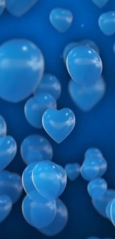 Vibrant blue heart-shaped balloons floating on mobile wallpaper.