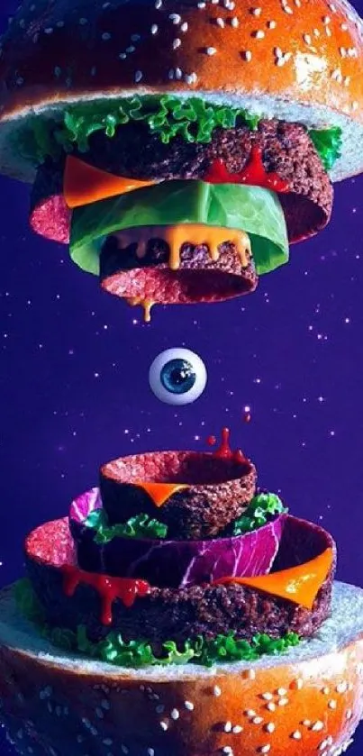 Floating burger in a vibrant purple galaxy setting.