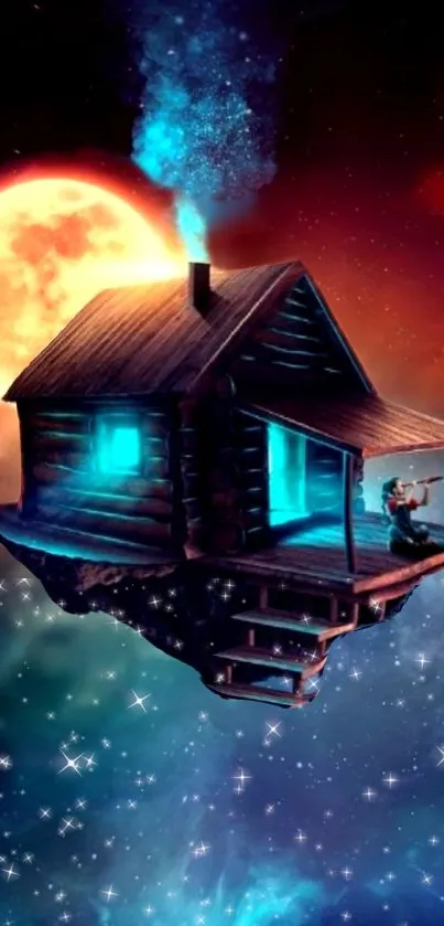 A floating cabin with glowing windows in a starry, red cosmic sky.