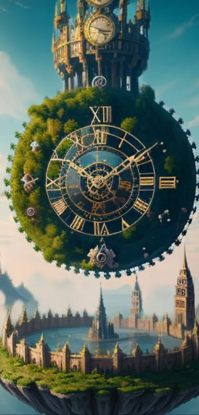 Fantasy wallpaper with a floating castle and celestial clock in a blue sky.