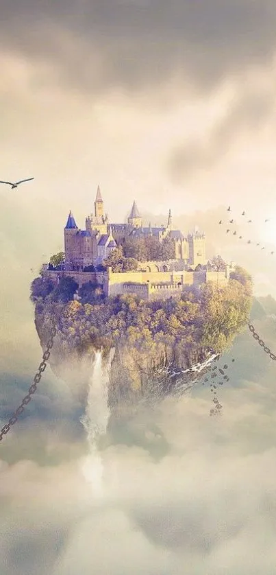 Surreal floating castle amidst clouds with birds flying around.