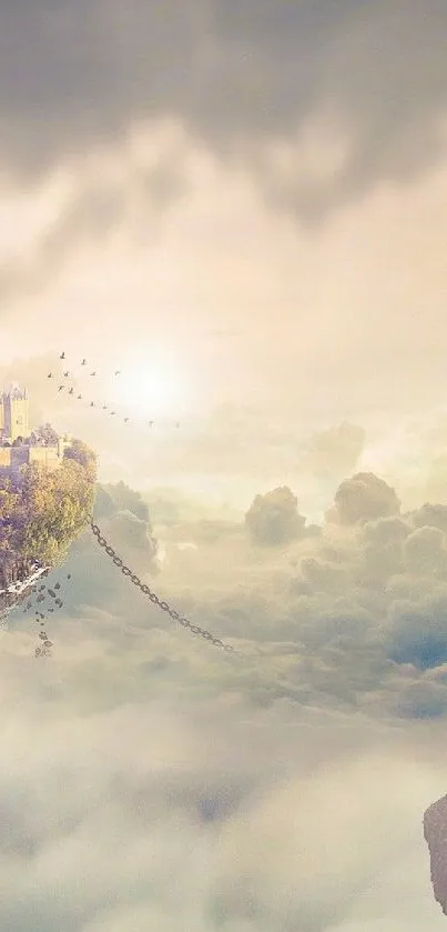 Fantasy artwork with floating castle and serene woman in clouds.