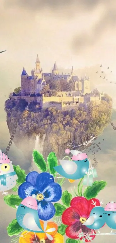 Floating castle with birds and flowers in fantasy wallpaper.