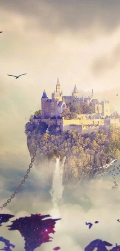 Floating castle surrounded by clouds and birds in a mystical fantasy setting.