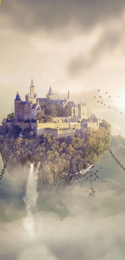 Floating castle scenic fantasy wallpaper with clouds.