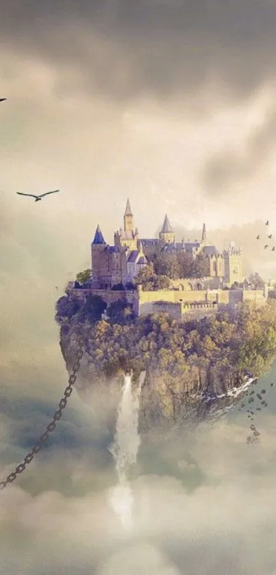 Floating castle in clouds fantasy wallpaper with birds.