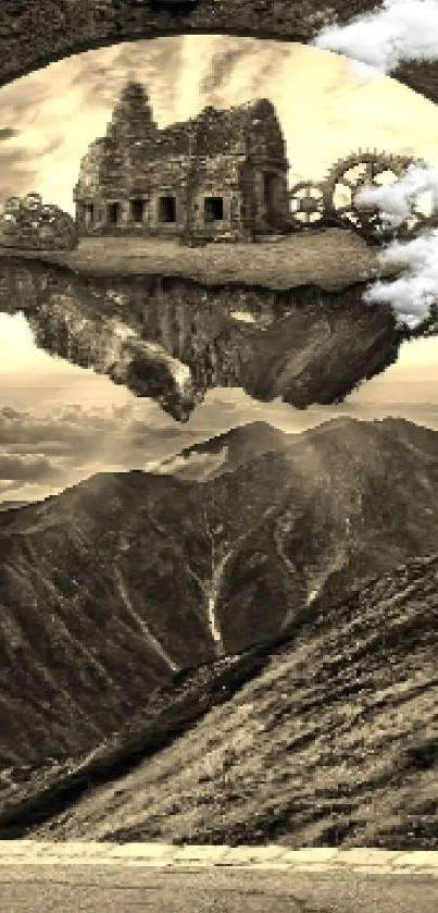 Floating castle above mountains in sepia tones viewed through ancient doors.